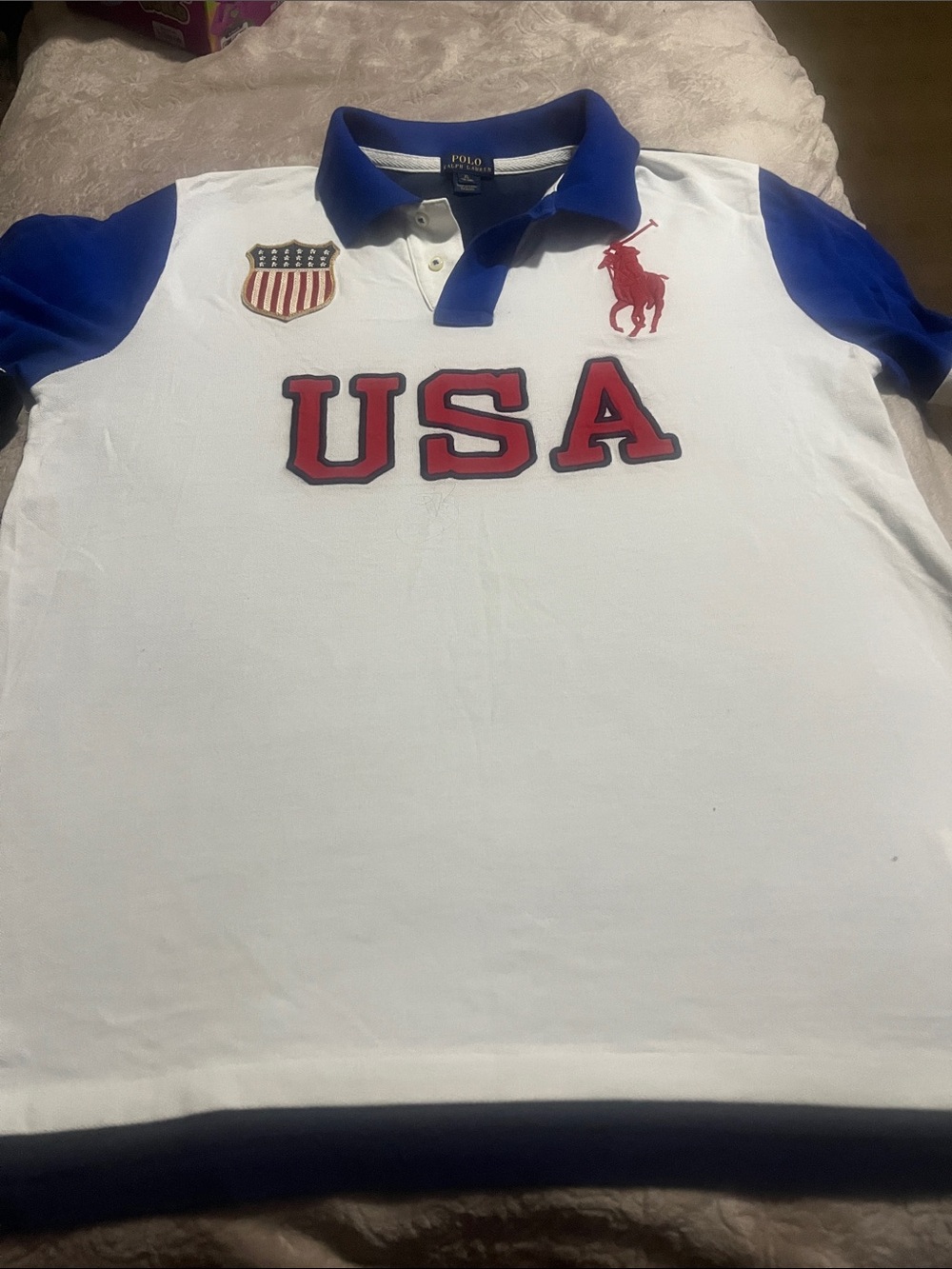 Polo by Ralph Lauren White Polo with Royal Blue Accents and Red USA Patch
